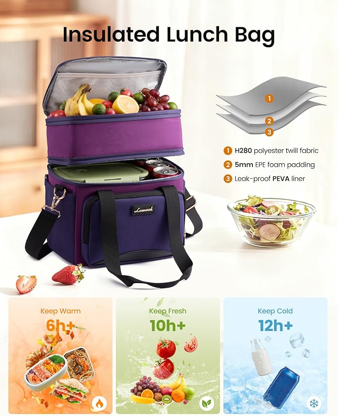 LOVEVOOK Insulated Lunch Bag For Women,Large Double Deck Adult Lunch Box,Teacher Lunch Tote Bag With Cup Holder,Leakproof Cooler Bag With Adjustable Shoulder Strap For Work Picnic Beach,Larger 15L - Image 3
