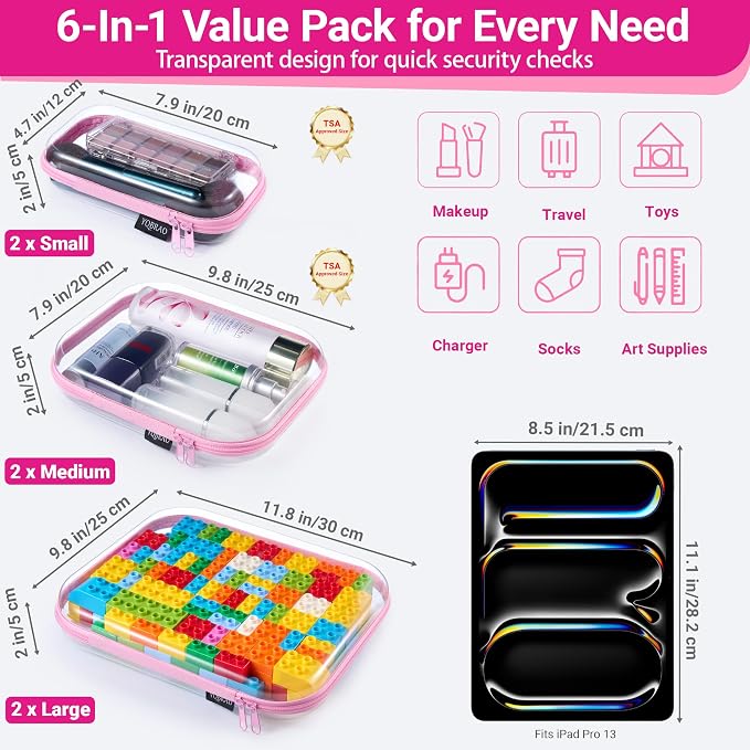 YQBRAO 6 Pack Soft Pink Clear Hard Shell Zipper Case, 1.2mm Crush-Proof Makeup Bag & Skincare Organizer, Heavy Duty Travel Pouches for Toiletries, Art Supplies & Daily Carry (2L+2M+2S) - Image 4