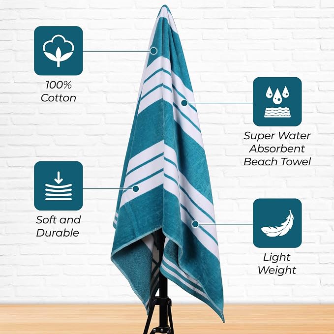 Superior Cotton Cabana Striped Beach Towels, Colorful Towels for Adult, Kid, Pool, Swimming, Sand, Travel, Large Oversized, Absorbent, Fast Drying, Bath Basics, Cabana Collection, 1 Piece, Turquoise - Image 3