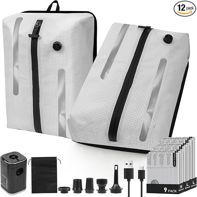 12-Piece Travel Vacuum Bags Set with Electric Pump - 2x 18L Heavy Duty 210D Nylon TPU Bags (Double Window) + 9x Assorted PA/PE Space Saver Bags - Reusable Compression Organizer for Luggage by SpaceSaving