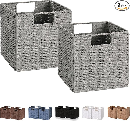 Vagusicc Storage Basket, Set of 2 Hand-Woven Paper Rope Wicker Baskets for Storage, Foldable Cube Storage Bins Organizer, 9 inch Medium Wicker Storage Baskets for Shelves Pantry Organizing Decor, Grey by Vagusicc