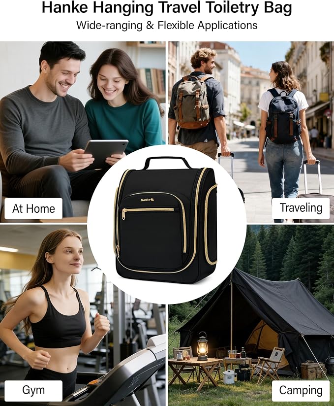 Hanke Hanging Travel Toiletry Bag for Men and Women, Water-Resistant Toiletries Bag Makeup Organizer with Hook, Cosmetic Bag for Bathroom & Travel Essentials Accessories, Black - Image 9