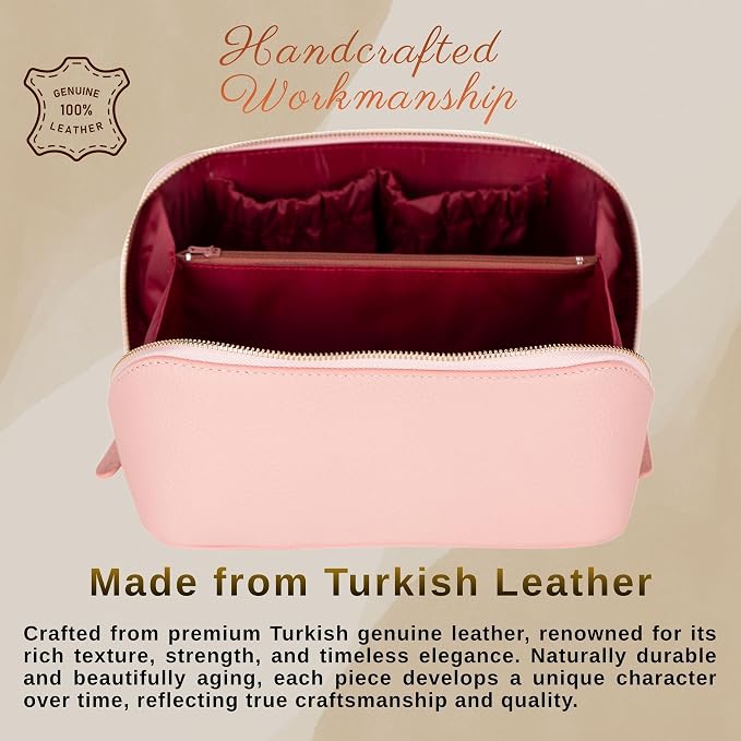 VENOULT Makeup Bag, Spacious Cosmetic Case for Women, Portable 180° Wide-Open Flat Cosmetic Bag, Travel Toiletry Organizer with Handle, Hanmdade, Full Grain Genuine Turkish Leather (Rose) - Image 4