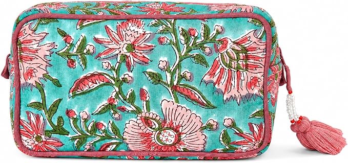 Travel Makeup Bag- Large Capacity Cosmetic Bags for Women - Water Resistance Lining Portable Pouch & Open Toiletry Bag - Perfect Girls Makeup Organizer for Travel Essentials (Green & Pink Floral) by Huar