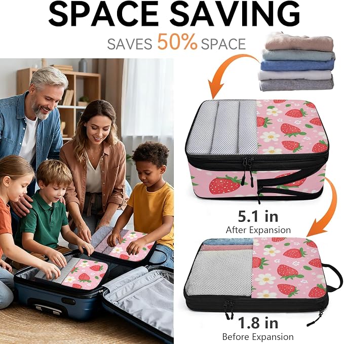 Strawberry Pattern 6 Set Compression Packing Cubes for Travel Luggage Carry On Suitcase Compressible Expandable Packing Cubes Organizers Bag - Image 6