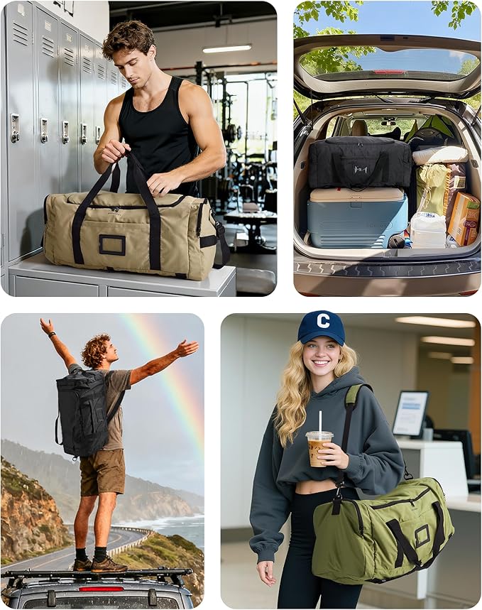 BAGSAMRT 60L Foldable Duffle Bag for Travel, Large Travel Duffel Bag for Men, 4 in 1 Travel Backpack, Carry on Weekender Bag, Army Green