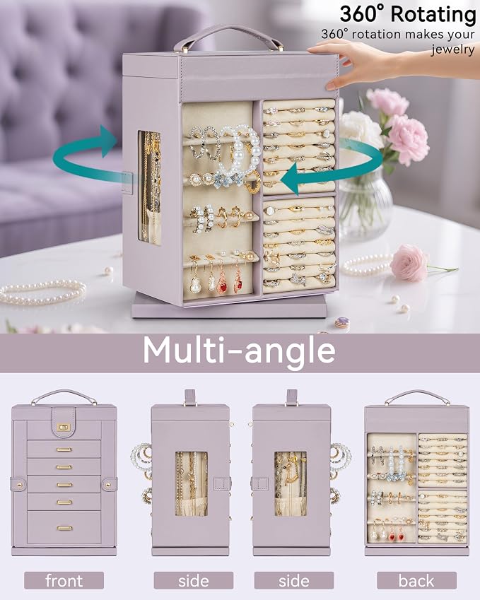 AKOZLIN 6-Tier Jewelry Box Organizer Functional 5 Drawers Leather Jewelry Storage Case for Women Girls Ring Necklace Earring Bracelet Holder Organizer with Mirror Purple 360° Rotating - Image 4