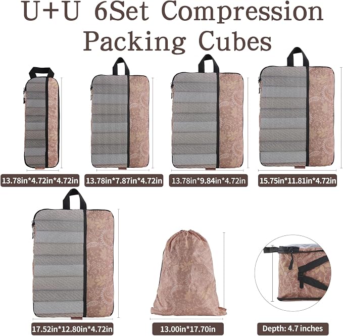 U+U 6 Set Compression Packing Cubes - Ultralight Travel Organizers with Laundry Bag, Space-Saving Suitcase Organizer, Expandable Packing Cubes for Travel and Family Vacation (Paisley Pattern) - Image 5