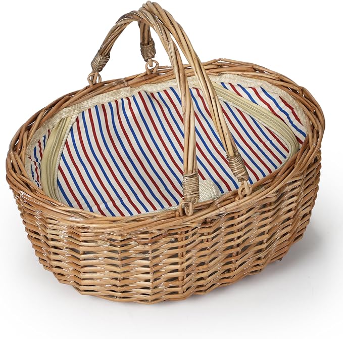 Wicker Picnic Basket with Insulated Lined Bag 15“ x 11” x 7“ Red, White,Blue Star Stripe Pattern, Iced Beer Insulated Bag for Camping, Picnics, Birthday Gifts, Wedding Gifts by YPshuye