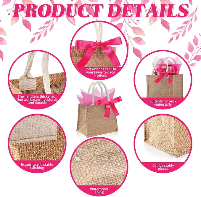 Shinylin 12 Pack Burlap Tote Bags Bulk with Handles Small Wedding Jute Bag with Rose Red Tissue Paper & Ribbon, Reusable Party Favor Welcome Bags for Bridesmaid Proposal Bridal Shower Galentine's Day - Image 3