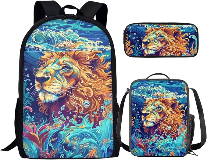 17 Inch Animal Print School Backpack And Lunch Box Set for Kids Lightweight Undersea Lion Backpack for Boys Girls Sturdy School Bag with Insulated Lunchbox Pencil Case Student Bookbag by Parprinty