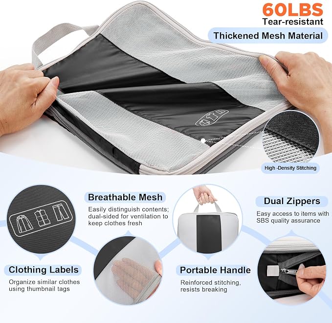 OlarHike 10 Set Compression Packing Cubes for Travel Essentials,Compressible Expandable Space Saver Bags for Organizing Clothes,Luggage Suitcase Garment Bags with Over 1000 pcs Mesh Holes(Black) - Image 7
