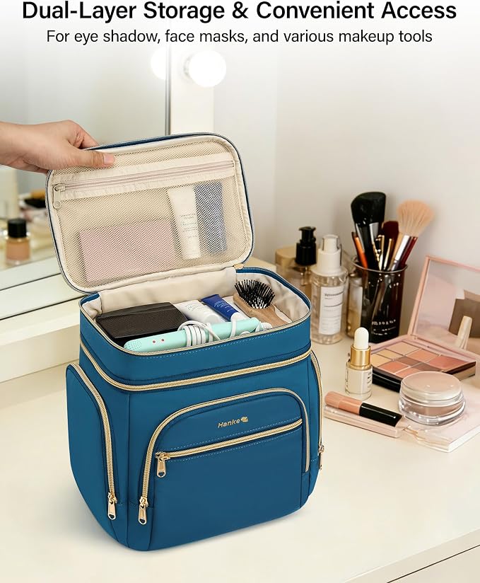 Hanke Large Toiletry Bag for Women Travel, Double Layer Organizer with Wide Opening for Full-Size Cosmetics & Toiletries, 12.2L Water-Resistant Makeup Bag,Navy Blue - Image 5
