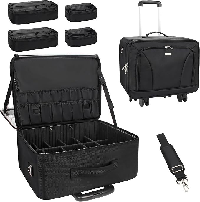 MONSTINA Rolling Makeup Train Case, Cosmetology Case on Wheels Makeup Artist Bag Professional Cosmetics Beauty Hairdresser Bag Hairstylist Cosmetic Bag with 4 Bags Extra Large Makeup Bag with Wheels by MONSTINA