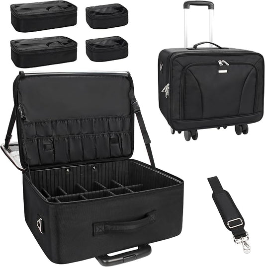 MONSTINA Rolling Makeup Train Case, Cosmetology Case on Wheels Makeup Artist Bag Professional Cosmetics Beauty Hairdresser Bag Hairstylist Cosmetic Bag with 4 Bags Extra Large Makeup Bag with Wheels by MONSTINA
