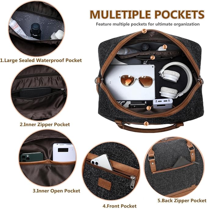 Wogarl 4PCS Weekender Bags for Women Large Overnight Weekend Travel Duffel Carry on Shoulder with Shoe Compartment Canvas Toiletry Bag for Travel Business Gym - Image 4