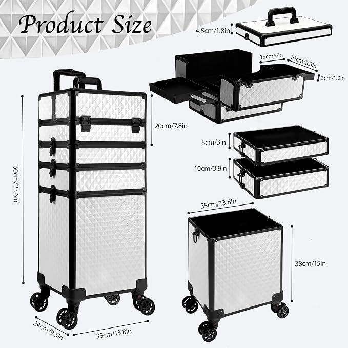 5 in 1 Rolling Makeup Train Case on Wheels Large Cosmetic Organizer Travel Cart for Women Beauty Salon Barber Hairstylist White - Image 5
