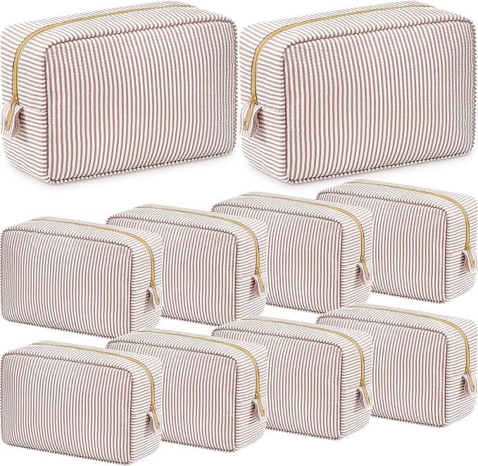 Sanwuta 10 Pcs Seersucker Cosmetic Bag Seersucker Makeup Bag Women Stripe Large Travel Toiletry Organizer Preppy Storage Pouch for Embroidery Wedding Bridesmaid Bride Mom (Khaki) by Sanwuta