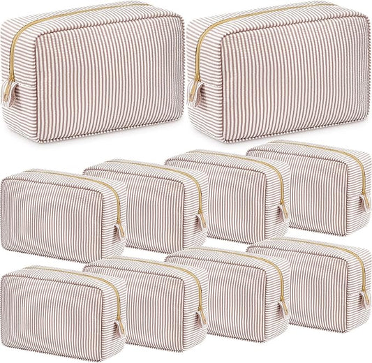 Sanwuta 10 Pcs Seersucker Cosmetic Bag Seersucker Makeup Bag Women Stripe Large Travel Toiletry Organizer Preppy Storage Pouch for Embroidery Wedding Bridesmaid Bride Mom (Khaki) by Sanwuta