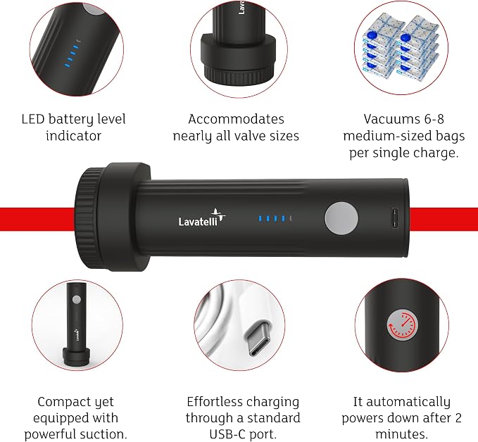 Lavatelli Ultimate Travel Vacuum Bag Set with USB-C Wireless Pump 12 Space Saving Bags 40x45 40x60 cm for Backpack Ryanair Cabin Luggage Suitcase Clothes Organiser Compression Pouch - Image 3