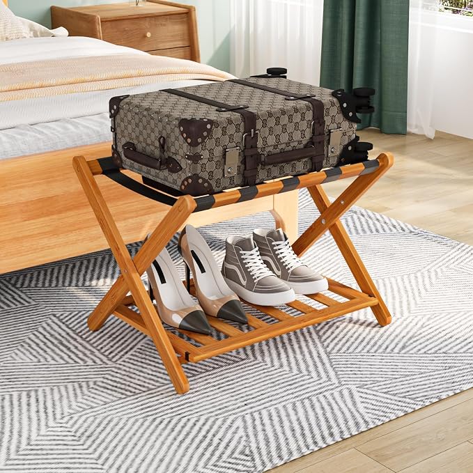 Smuxee Fully Assembled Honey Luggage Rack, Upgraded Bamboo Foldable Suitcase Stand with 5 Nylon Straps, Luggage Holder with Shelf for Guest Room Bedroom Hotel by Smuxee