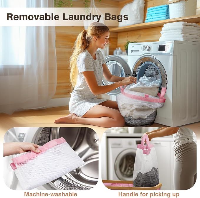 Hampers for Laundry Basket with Lid, 160L Large Laundry Hamper 3 Section | Dirty Clothes Hamper Separator with 3 Removable Bags & 5 Labels, Divided Laundry Organizer for Bedroom, Laundry Room, Pink - Image 5