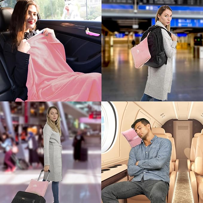 BlueHills Premium Soft Travel Blanket Pillow Airplane 2 in 1 - Light Pink | Large Travel Size Blanket Throw in Compact Case, Long Flight Essentials, Lightweight & Portable, Carry on Airplane Comfort - Image 3
