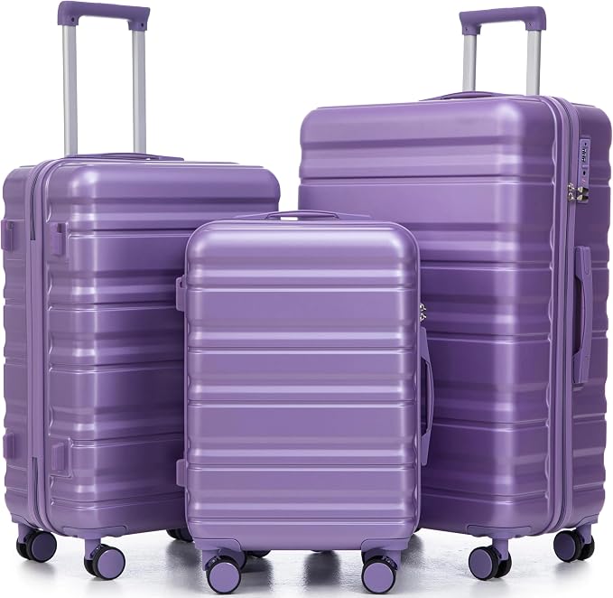 Hardshell Luggage Sets, Lightweight Stripes Suitcases with Spinner Wheels, Purple-181 by Merax