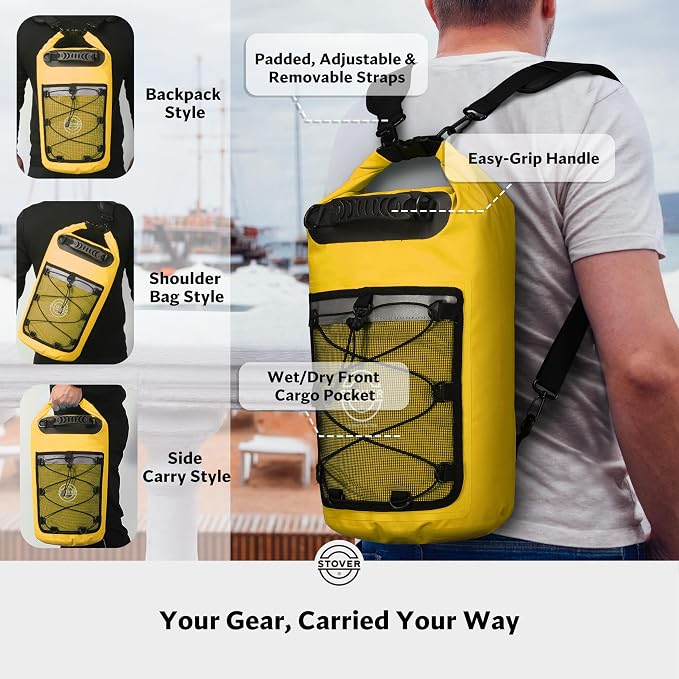 STOVER 5/10/25/30/40L Waterproof Dry Backpack & Phone Case- Large Floating Dry Bag for Kayaking, Travel, Hiking, Fishing, Camping, Motorcycles & Beach, Heavy-Duty Roll Top Men/Women (Yellow) - Image 3