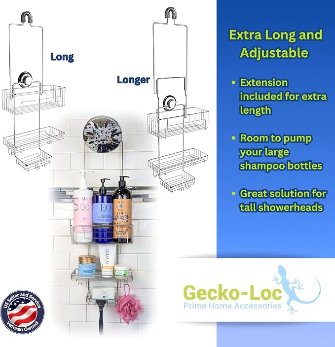Gecko-Loc Extra Long Adjustable Length over the showerhead hanging shower caddy - bathroom caddies - for Shampoo, Soap, & Razors - Silver - Image 3