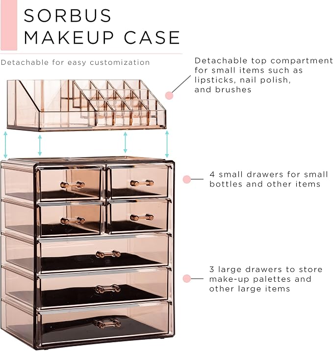 Sorbus Acrylic Makeup Organizer Set, 7-Drawer Vanity & Countertop Cosmetic Storage with Small & Wide Compartments, Bronze Glow Makeup Storage for Brushes, Jewelry – Holiday Gift for Women & Teens - Image 4