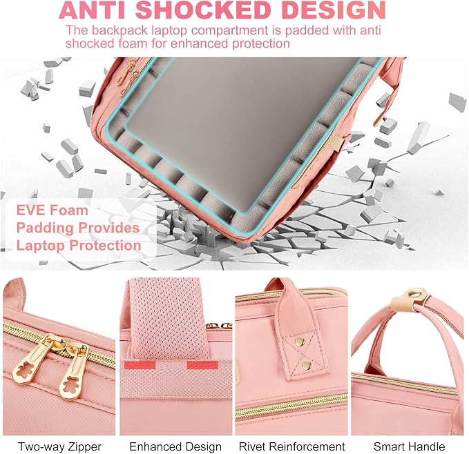 AIJIEKE Lunch Backpack for Women, 15.6 Laptop Backpack, Lunch Box, Pink | Water resistant computer bag with insulated leakproof cooler. Travel meal prep backpack for nurse, teacher, college commute - Image 5