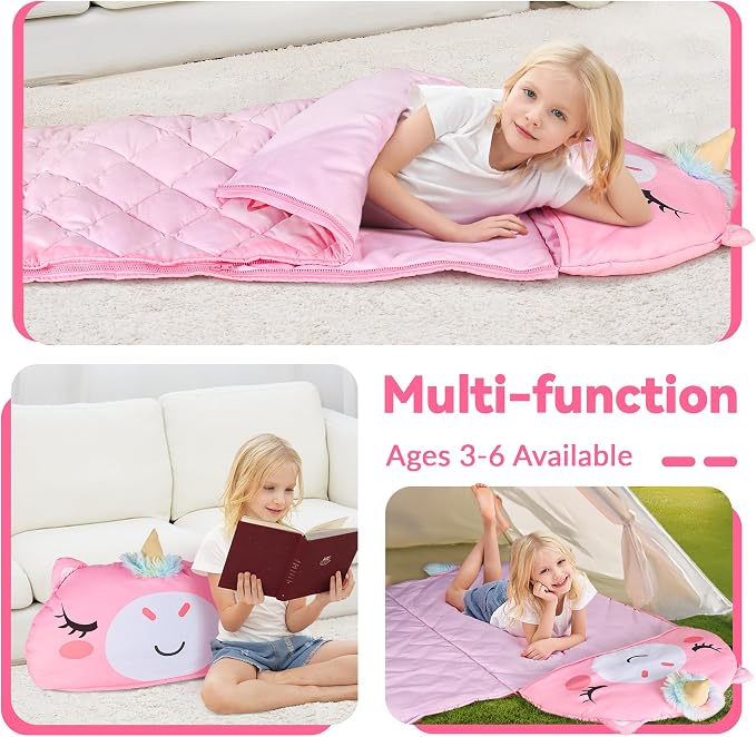 iPlay, iLearn Kid Sleeping Bag, Unicorn Slumber Sack, Toddler Girl Nap Mat | 2 in 1 Pink Animal Cushion Pillow Blanket, Happy Travel Sleepover Daycare Preschool Birthday Gift for 3 4 5 6 Year Old Child - Image 5