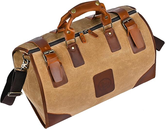 Canvas + Leather Travel Luggage Tote Duffle Gym Suitcase Weekender Overnight Bag For Men Male FB8151 (8151-Khaki-Shoulder Strap) - Image 8