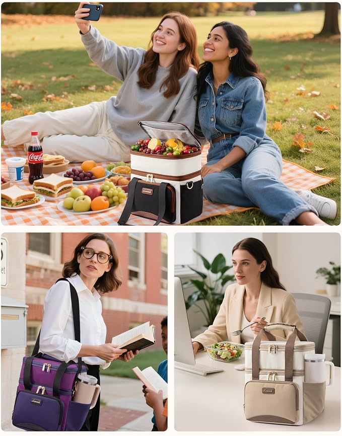 LOVEVOOK Insulated Lunch Bag For Women,Large Double Deck Adult Lunch Box,Teacher Lunch Tote Bag With Cup Holder,Leakproof Cooler Bag With Adjustable Shoulder Strap For Work Picnic Beach,Larger 15L - Image 6