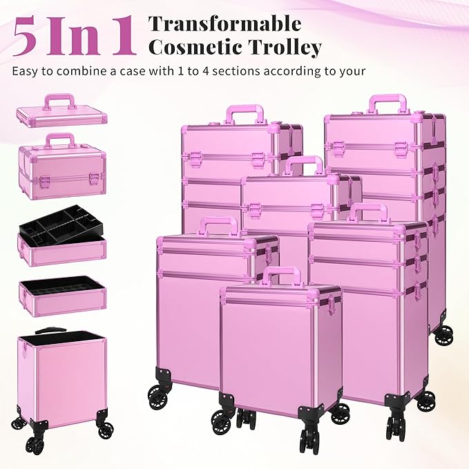 Rolling Makeup Train Case with Lid Cosmetology Case on Wheels | 5 in 1 Large Cosmetic Trolley Organizer Travel for Hairstylist Artist Nail Beauty Salon Barber Cart Trunk, Pink - Image 2
