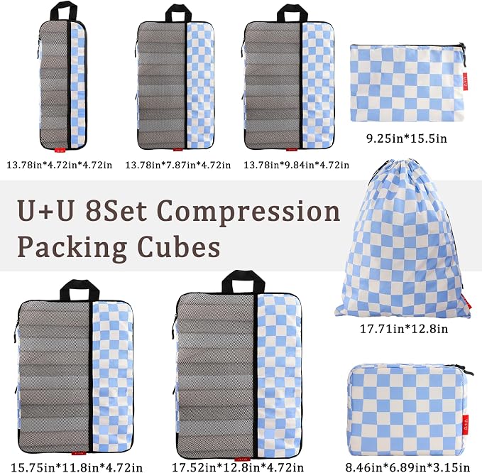U+U 8 Set Compression Packing Cubes - Ultralight Travel Organizers with Laundry Bag and Cosmetic Bag, Space-Saving Suitcase Organizer for Travel, Business Trip and Family Vacation (Blue Checkered) - Image 3