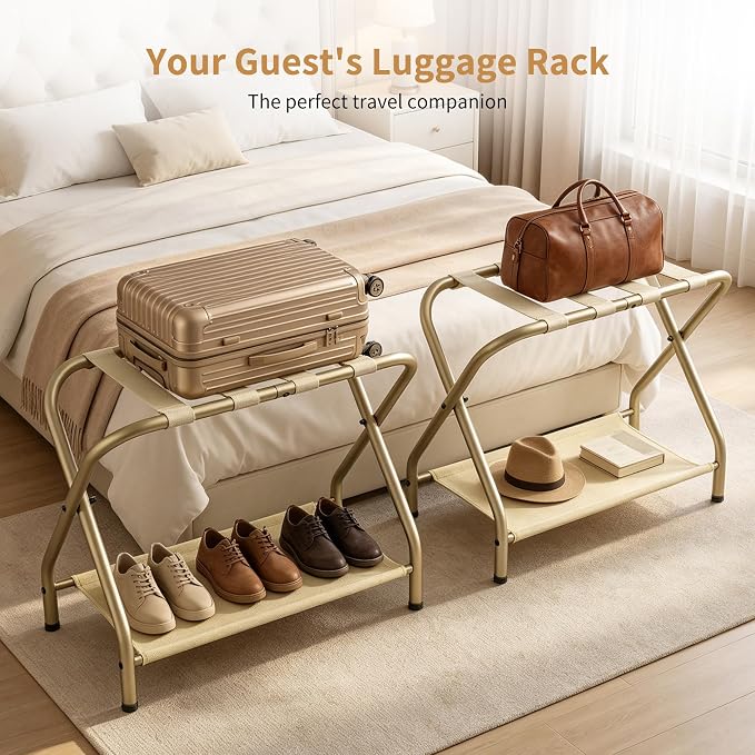 Heybly Luggage Rack for Guest Room, Pack of 2, Steel Folding Suitcase Stand with Storage Shelf for Bedroom, Hotel, Foldable Steel Frame, Guest Room 26.2" L x 14.4" W x 20.5" H, Gold HLR004J2 - Image 2