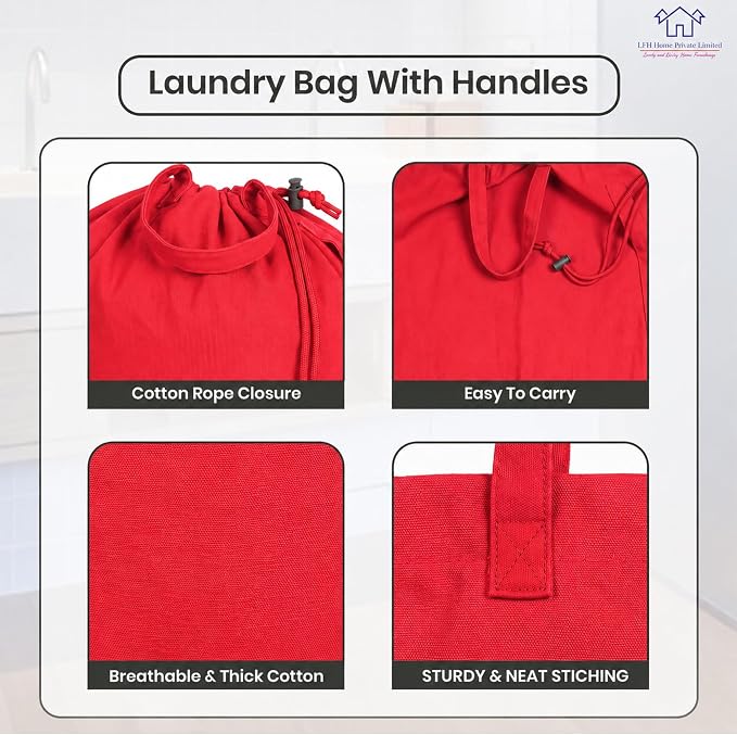 LFH Home Cotton Rich Large Premium Canvas Laundry Bag, Heavy Duty Washable Laundry Hamper with Drawstring & Handles, Multi-Use Clothes Storage for Home, Travel & College, 20"x30" (Pack of 6) - Red - Image 7