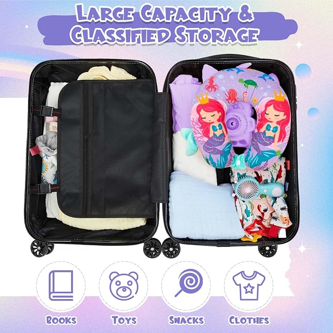 Sanwuta 4 Pcs Kids Luggage Set Back to School Gifts for Girls Boys Carry On Rolling Suitcase Backpack Neck Pillow Travel Set(20 Inch,Mermaid Style,Purple) - Image 9