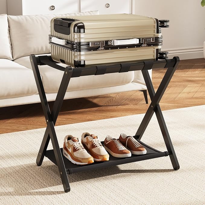 Fully Assembled Black Luggage Rack for Guest Room, Bamboo Folding Suitcase Stand with Fabric Storage Shelf, 5 Nylon Straps, Upgraded Luggage Rack Holder for Bedroom Hotel, Holds up to 165 Lbs, 1pcs by OAKVIVOElegantLifestyle