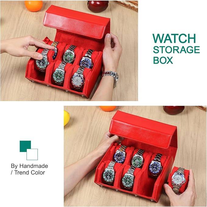 Hiram Saffiano Leather Hexagon Watch Roll Travel Case, Leather 6-Watches Roll Case with Removable Pillow Cushion for Treasured Watches and Bracelets - Red - Image 6