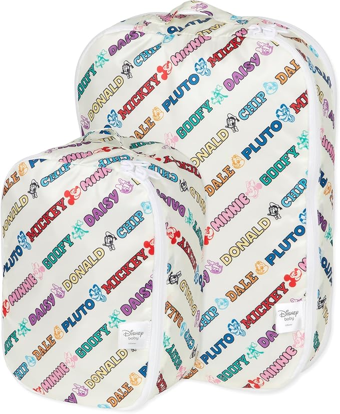 Bumkins Disney Packing Cubes for Travel, Organize Luggage with Compression Bags, Essential Traveling Accessories, Carry On Suitcase for Clothes or Toiletries, Set of 2 Sizes, Mickey and Friends White by Bumkins