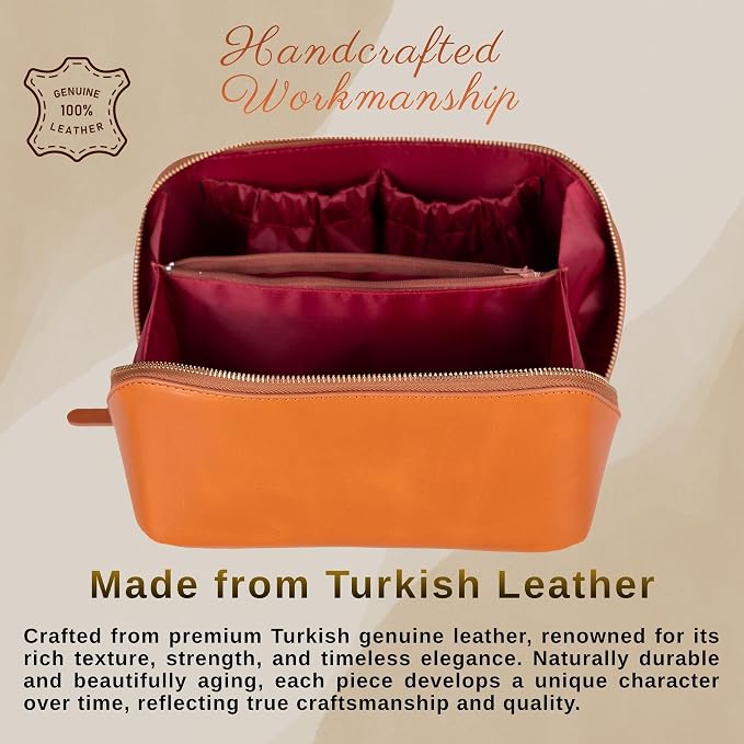 VENOULT Makeup Bag, Spacious Cosmetic Case for Women, Portable 180° Wide-Open Flat Cosmetic Bag, Travel Toiletry Organizer with Handle, Hanmdade, Full Grain Genuine Turkish Leather (Chestnut) - Image 4