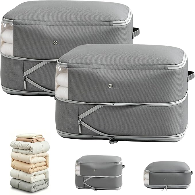 Comforter Storage Bag, Large Capacity Blanket Storage Bags 2-Layer Ultra Space Saving Self Compression Organizer, Heavy Duty Space Saver Organizer for Bedding, Clothes, Blanket, 2-Pack, Gray by Unknown