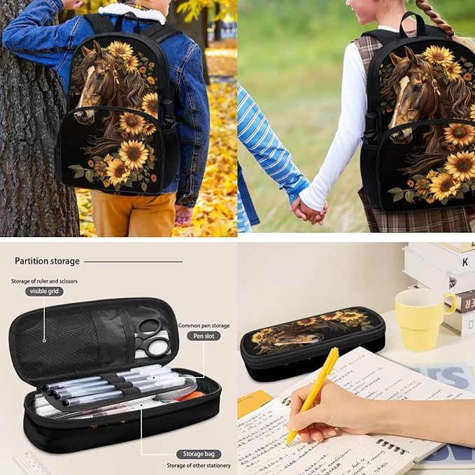 POLERO Sunflower Horse Backpacks for Girls Bookbag with Lunch Box Pencil Case Water Bottle Holder Teens Secondary School Bag Set - Image 5