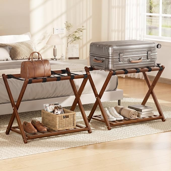 Fully Assembled Luggage Rack Set of 2 for Guest Room, Bamboo Suitcase Stand with Foldable Storage Shelf, Crossed Nylon Straps Folding Luggage Holder for Bedroom and Hotel, Walnut by Alifewithtasteandstyle
