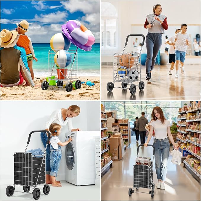Whitmor Foldable Utility Shopping Cart with Wheels, 60Lb Capacity, Heavy Duty Grocery Cart with Steel Frame, Foam Handle, Rolling Utility Cart for Grocery, Laundry, Travel, Sliver/w Liner - Image 6