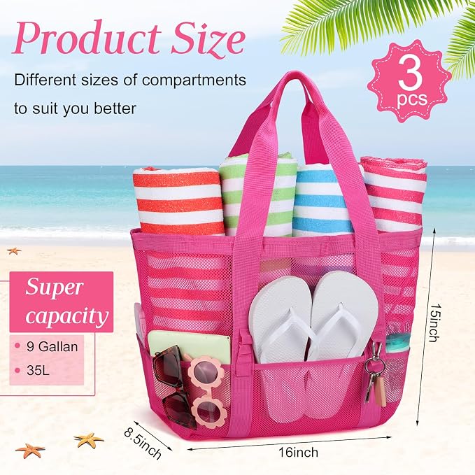 Hillban Large Beach Mesh Bags Bulk for Women Beach Tote Bag with 8 Pocket Zipper Waterproof Sandproof for Pool Cruise Ship - Image 4