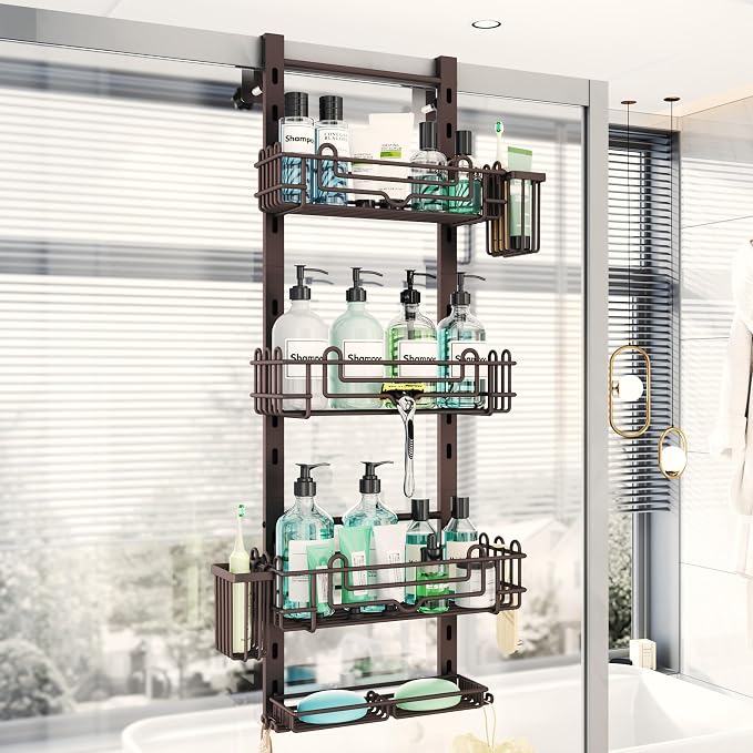 HapiRm 4 Tier Over the Door Shower Caddy, Hanging Shower Caddy with 22 Hooks and 2 Toothbrush Holders, No Drilling Adjustable Hanging Bathroom Organizer - Bronze by HapiRm